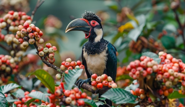 Egzotyczny ptak hornbill siedzący na gałęzi owocowej w lesie