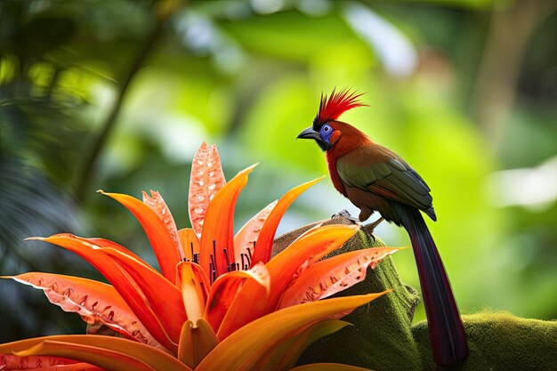 Zdjęcie egzotyczny ptak siedzący na kwitnącej bromelii w tropikalnym ogrodzie stworzonym za pomocą generatywnej sztucznej inteligencji