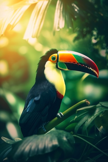 Egzotyczny ptak tukan w tropikalnym lesie jasne zwierzę w dżungli zbliżenie generatywne AI
