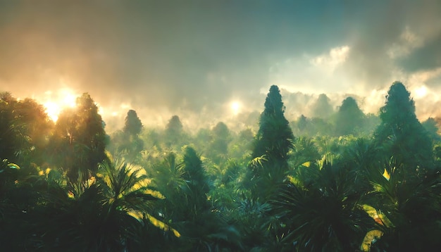 Egzotyczny tropikalny las palmowy o zachodzie słońca promienie słońca przez cienie liści Las tropikalny egzotyczny las tło zielona oaza ilustracja 3D
