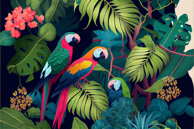 Egzotyczny tropikalny wzór z papugami i kwiatami w jasnych kolorach