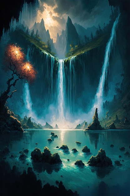Egzotyczny wodospad i panorama jeziora krajobraz Jezior Plitwickich Cyfrowa ilustracja AI