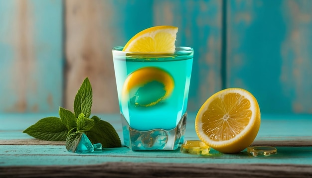 Egzotyczny zimny koktajl szklany z żółtą cytryną
