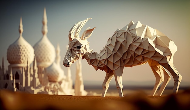 Eid adha mubarak zwierzęca koza i meczet 3d wycięte z papieru origami piękne islamskie tło