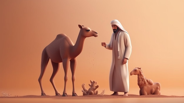 Eid al adha Arabski mężczyzna z wielbłądami na odosobnionym tle renderowania 3d generatywnego ai