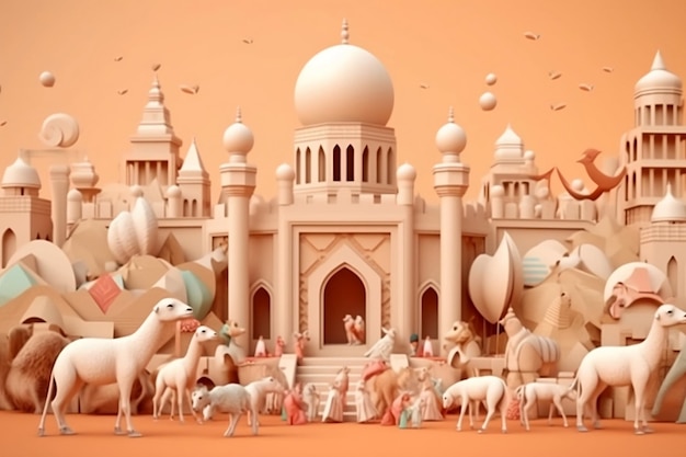 Eid Al Adha Banner Design Islamski i arabski festiwal z generatywną sztuczną inteligencją w stylu 3d low poly