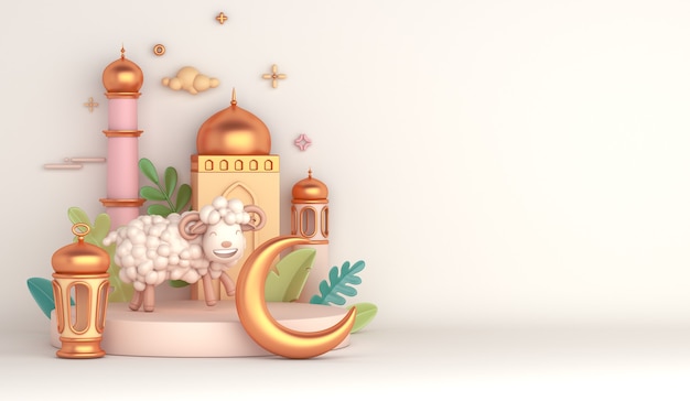 Eid al adha islamska dekoracja podium z kozią owcą arabską latarnią w kształcie półksiężyca