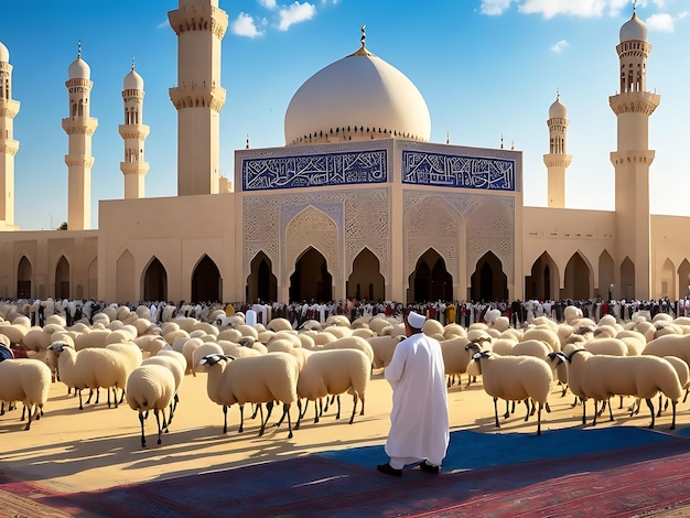 Eid Al Adha islamski festiwal zdjęcie przed meczetem z owieczkami