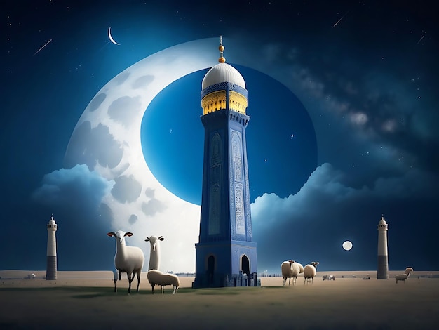 Eid Al Adha islamski festiwal zdjęcie przed meczetem z owieczkami