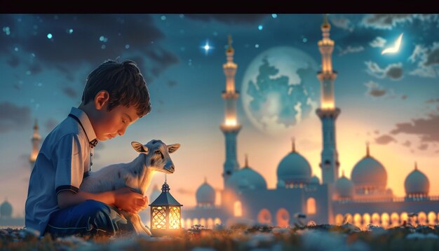 Eid Al Adha tło Mały chłopiec trzymający owce z pięknym meczetem i tradycyjną latarnią