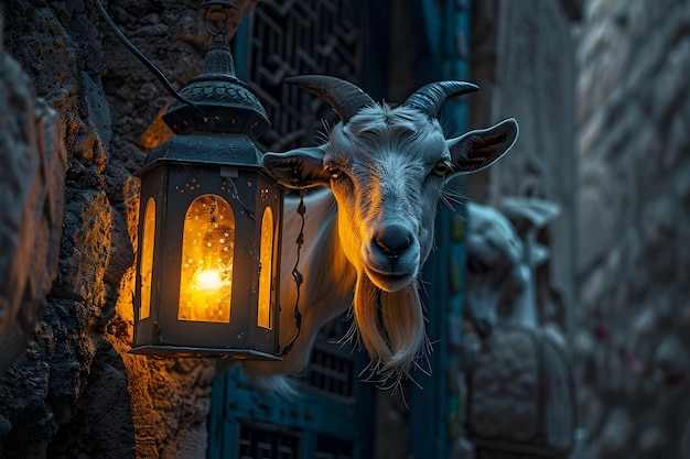 Eid al adha tło z obrazami kozy z islamską latarnią Eid al Adha pozdrowienie
