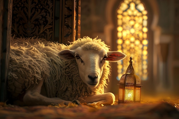 Eid al adha tło z obrazami owiec z islamską latarnią Eid al Adha pozdrowienie