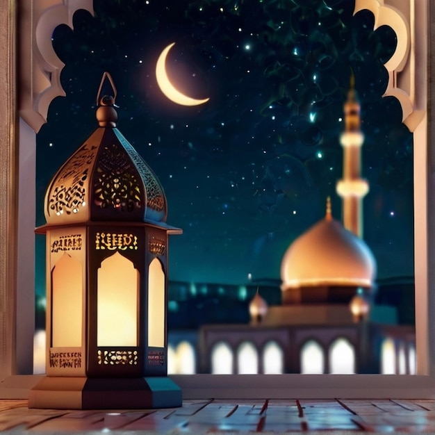 Eid al fitr 3D latarnia i meczet z 3D księżycem z nocą piękny Eid Mubarak Tło