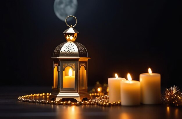 Eid al-Fitr Laylat al-Qadr święty miesiąc RamadanArabska latarnia fanus świece pełnia księżyca złote koraliki magiczna atmosfera ciemne tło