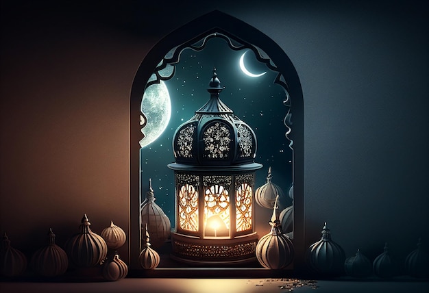 Eid al fitr tło okna z meczetem Ramadan kareem eid mubarak islamska latarnia na stole
