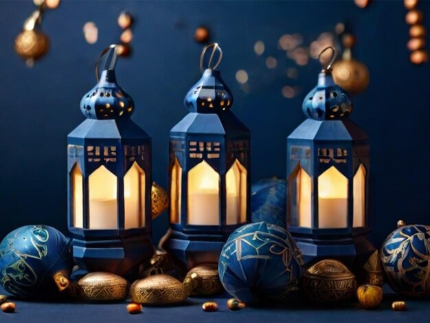 Eid al fitr z latarniami na ciemno niebieskim