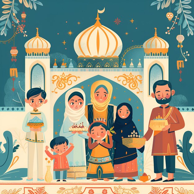 Zdjęcie eid al mubarak ilustracja szczęśliwa rodzina wysokiej jakości zdjęcie