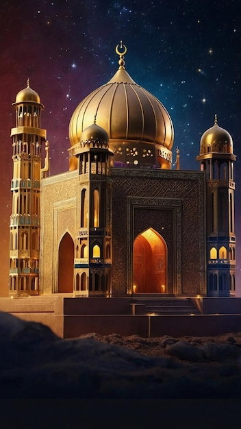 Eid AlAdha 3D render fotorealistycznego meczetu na gwiezdnej nocnej przestrzeni dla tekstu