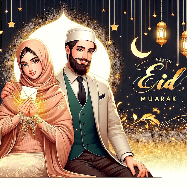 Eid fitr dzień muzułmanów na z przesłaniem Eid Mubarak celivred błyszcząca naprawdę karta