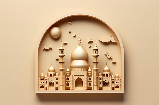 Eid i Ramadan Papierowa grafika przedstawiająca meczet i księżyc Generacyjna sztuczna inteligencja