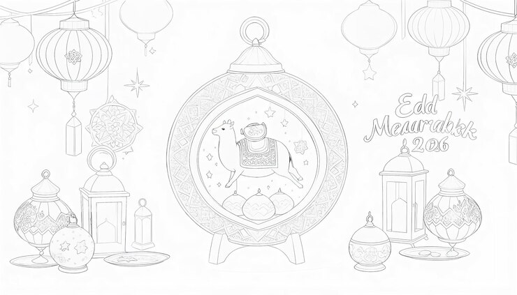 Zdjęcie eid mubarak 2026 festive camel lanterns design elegant outline illustration art joy card moon hope