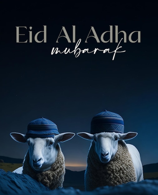 Zdjęcie eid mubarak eid al adha sztandar lub plakat z dwiema owcami w islamskiej czapce kopia przestrzeń happy eid