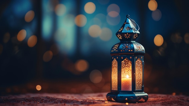 Eid Mubarak i Ramadan Kareem Islam święty miesiąc arabski latarnia i płonąca świeca w nocy muzułmanie