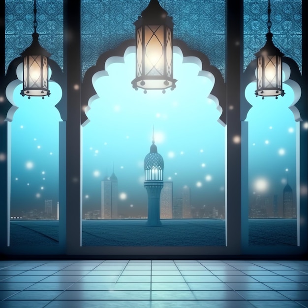 Zdjęcie eid mubarak i ramadan kareem pozdrowienia z islamską latarnią i meczetem eid al fitr tło