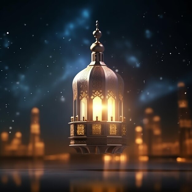 Zdjęcie eid mubarak i ramadan kareem pozdrowienia z islamską latarnią i meczetem eid al fitr tło