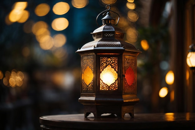 Eid mubarak i ramadan kareem pozdrowienia z islamską latarnią i meczetem Eid al fitr tło