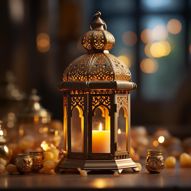 Eid mubarak i ramadan kareem pozdrowienia z islamską latarnią i meczetem w tle eid al fitr