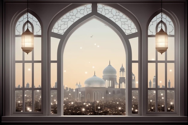 Eid mubarak i ramadan kareem pozdrowienia z islamską latarnią i meczetem w tle eid al fitr