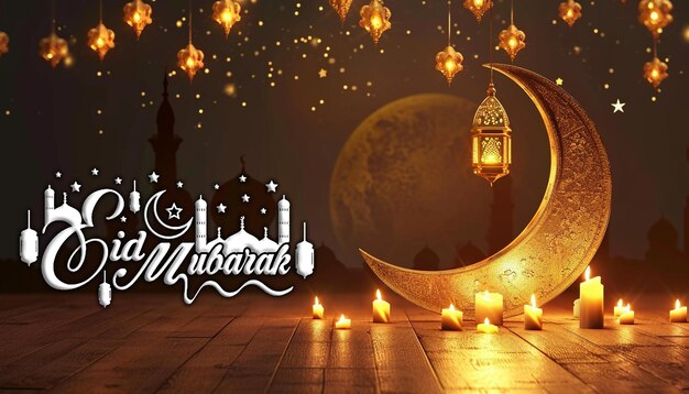 Eid Mubarak księżyc i meczet piękne tło