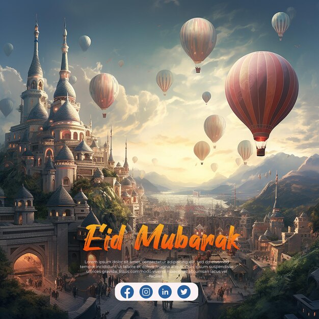 Eid Mubarak księżyc i meczet piękne tło