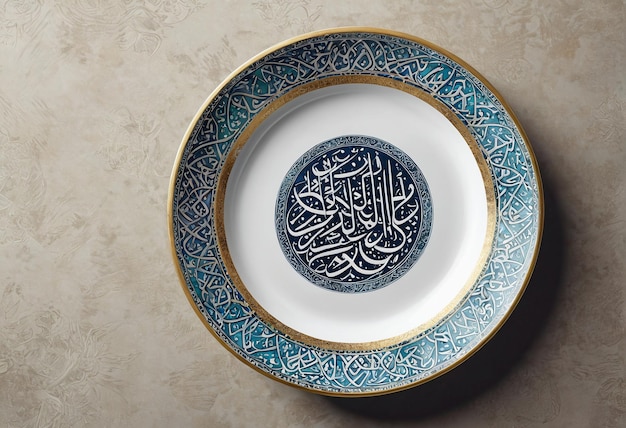 Zdjęcie eid mubarak niebiesko-biały talerz z arabską kaligrafią