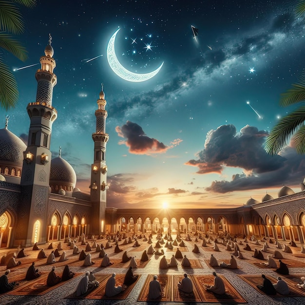 Eid mubarak pozdrowienia post dekoracja księżyca na spokojnym wieczornym niebieskim tle
