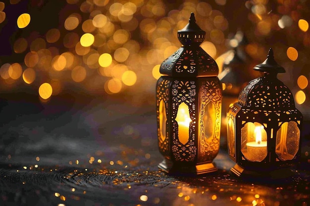 Eid Mubarak religijne tło ze złotymi liniami i latarnią