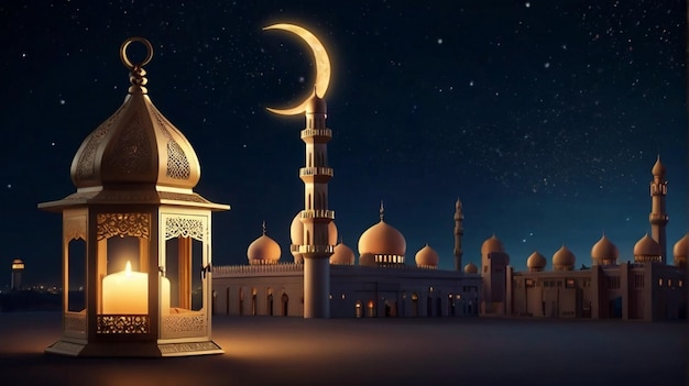 Eid Mubarak z Eid al fitr 3D latarnia i meczet z 3D księżyca z nocą piękne tło