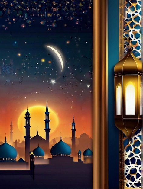 Eid ul fitr 3D latarnia i okno meczetu islamskie kartki powitalne Eid Mubarak Tło