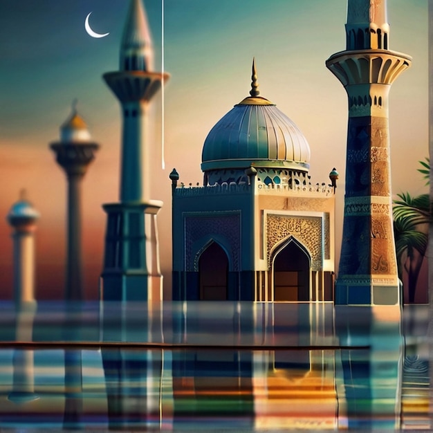 Zdjęcie eid ul fitr 3d latarnia i okno meczetu islamskie kartki powitalne eid mubarak tło