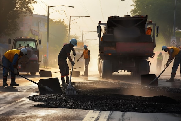 Ekipa drogowa wypełnia dziury gorącym asfaltem na ruchliwej drodze