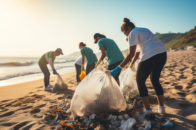 Eko-wolontariusze zbierający plastikowe śmieci Generative Ai