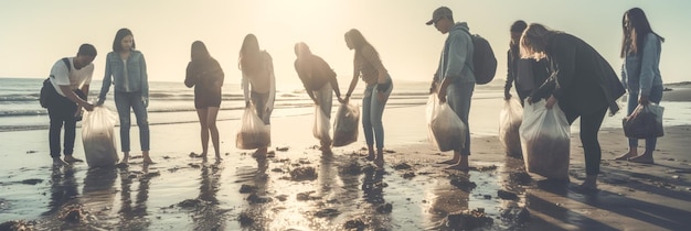 ekologia grupa ludzi sprząta śmieci na plażybannerai