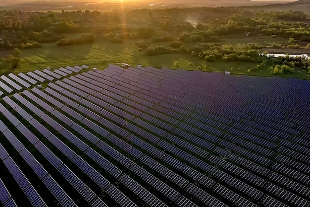 Ekologia panele elektrowni słonecznych w polach zielona energia o zachodzie słońca krajobraz innowacje elektryczne natura środowisko.