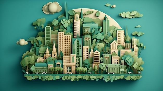 Ekologiczna koncepcja miasta w pięknym stylu wyciętym z papieru Generative AI