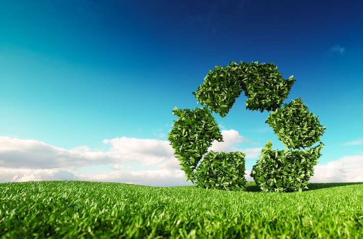 Zdjęcie ekologiczna koncepcja recyklingu. renderowania 3d zielonej ikony kosza na świeżej wiosennej łące z błękitnym niebem w tle.