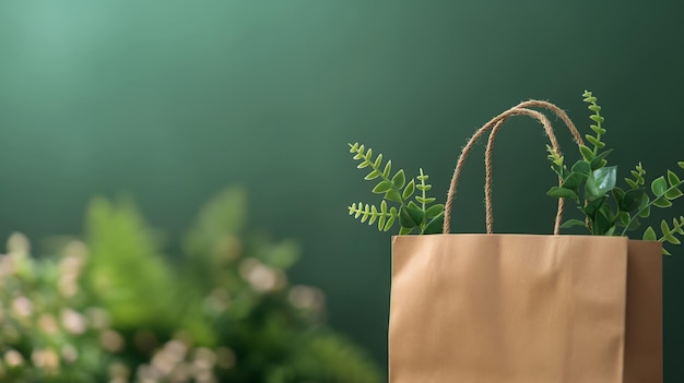 Zdjęcie ekologiczna koncepcja zakupów z papierową torbą i zielonymi liśćmi na ciemnym tle