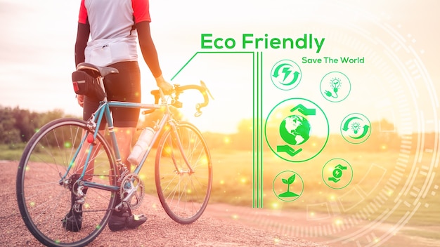 Ekologiczna koncepcja, zielona energia, redukcja dwutlenku węgla i redukcja zanieczyszczeń. Koncepcja dnia bez samochodu, aby uratować świat i uratować ziemię. Mężczyzna jeździ na rowerze pośród natury.