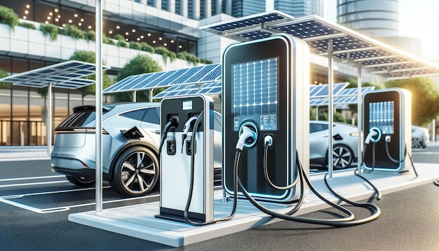 Ekologiczna przyszła stacja ładowania pojazdów elektrycznych zasilanych energią słoneczną