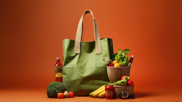 Ekologiczna torba pełna warzyw i zieleni na czerwonym tle